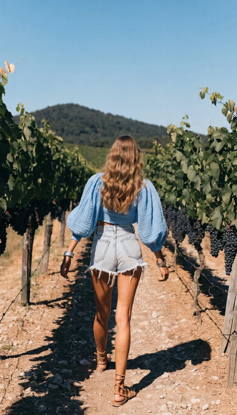 A beautiful woman in a light blue voluminous cropped top and frayed denim shorts, she walks away from the camera down a vineyard row.