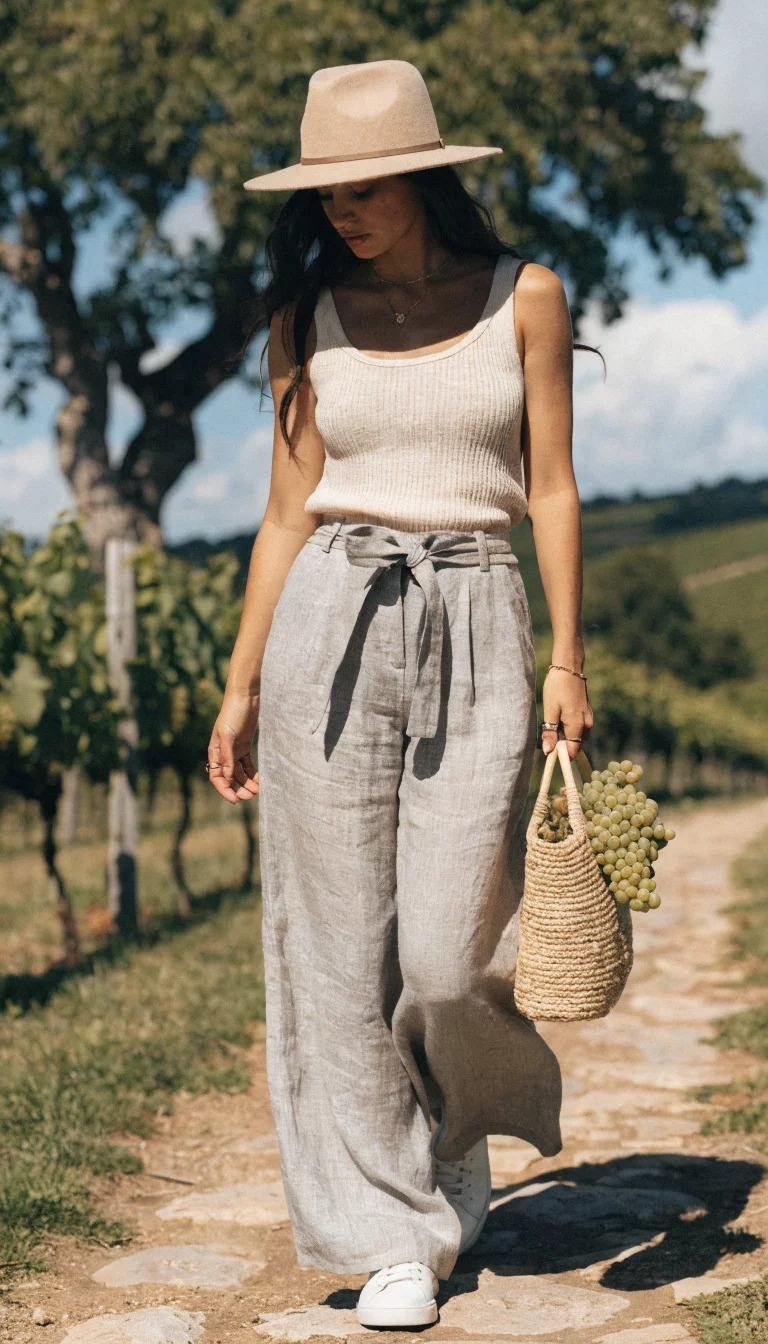 A beautiful woman in a light beige wide brim hat, cream sleeveless top, and light gray wide leg tie waist trousers, she carries a woven bag in a vineyard.