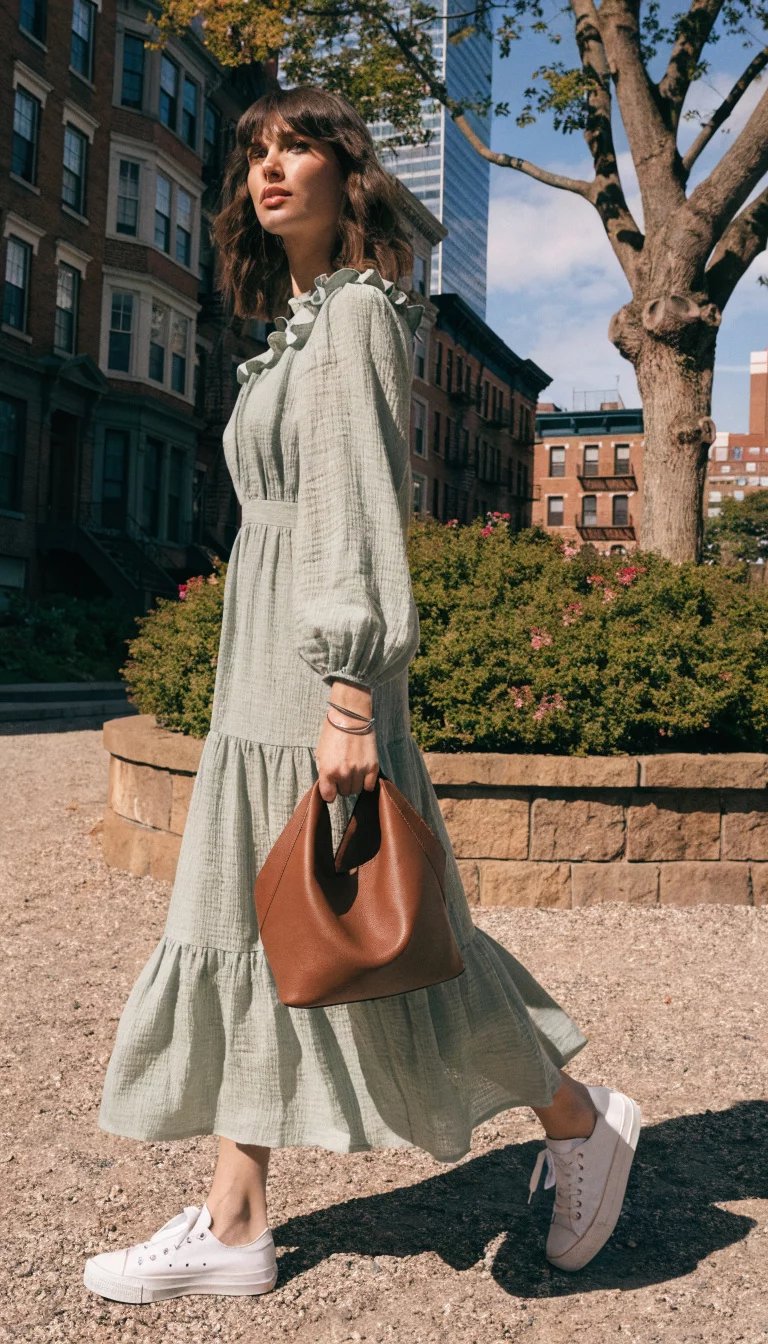 A beautiful woman in a light sage green dress with long sleeves and white sneakers, she carries a structured brown bag in a gravel area.