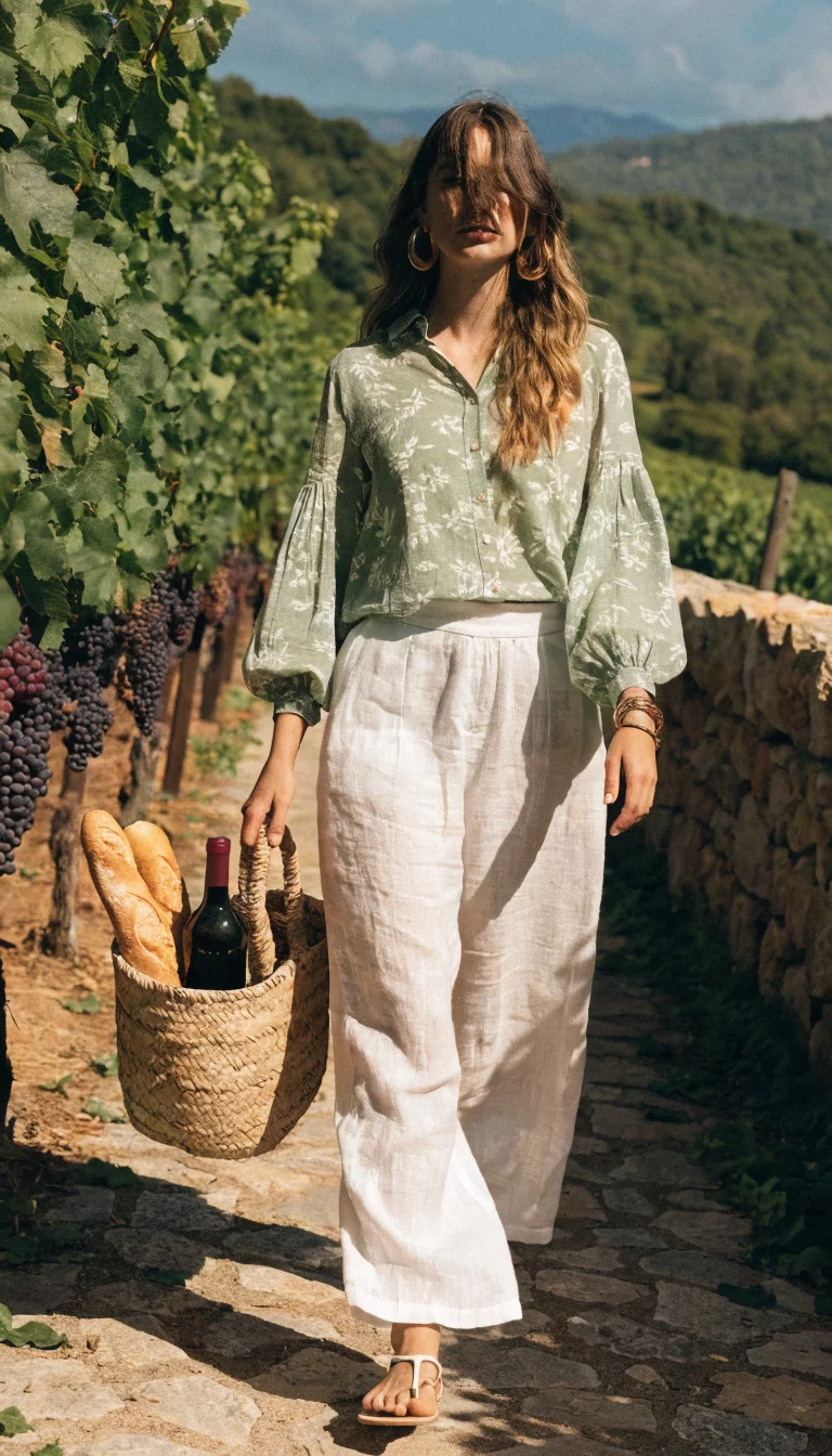 A beautiful woman in a light green patterned blouse and white wide leg pants, she carries a large straw tote with a bottle of wine and baguettes in a vibrant vineyard.