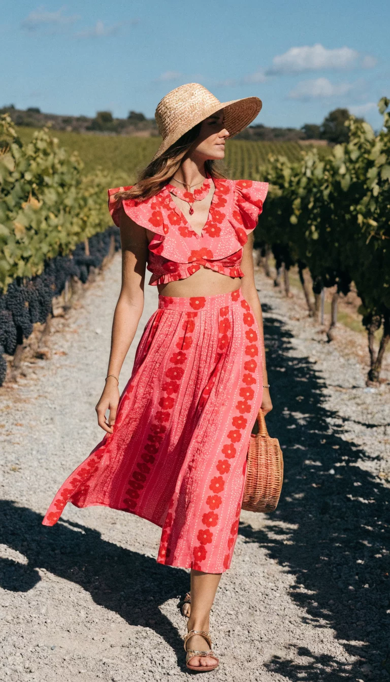 A beautiful woman in a bright pink and coral floral two piece dress with cutouts, a straw hat, and gold sandals, she carries a wicker bag in a vineyard.