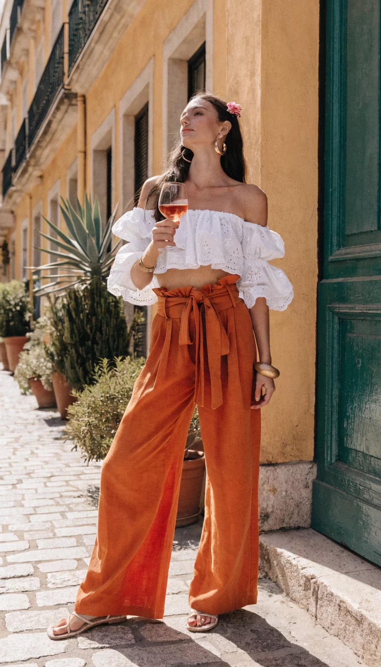 A beautiful woman in a white off the shoulder ruffled crop top and high waisted burnt orange tie waist wide leg pants, she holds a glass of rosé wine.