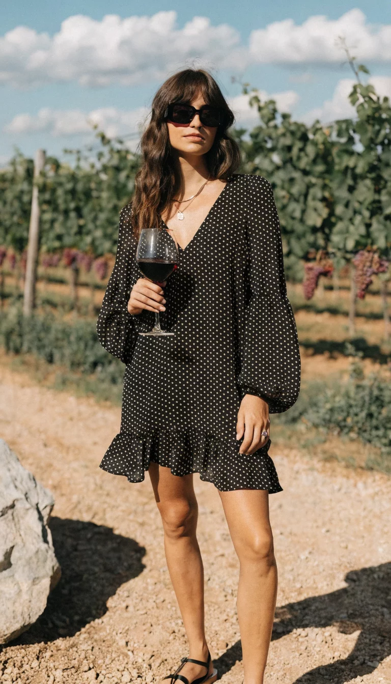 A beautiful woman in a black and white polka dot V neck mini dress and dark sunglasses, she holds red wine while posing in a sunny vineyard.