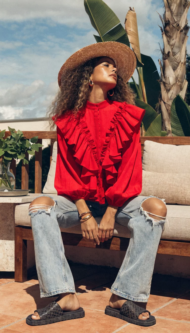 A beautiful woman in a bright red ruffled blouse, ripped light wash wide leg jeans, a straw hat, and dark sandals, she sits in an outdoor patio setting.