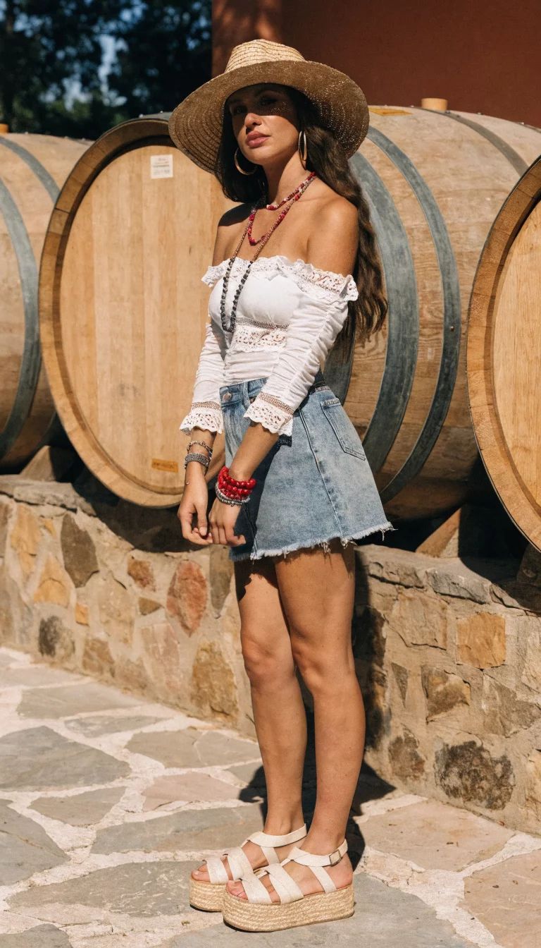 A beautiful woman in a wide brim straw hat, white off the shoulder top with lace trim, and a light blue denim mini skirt, she stands by wine barrels.