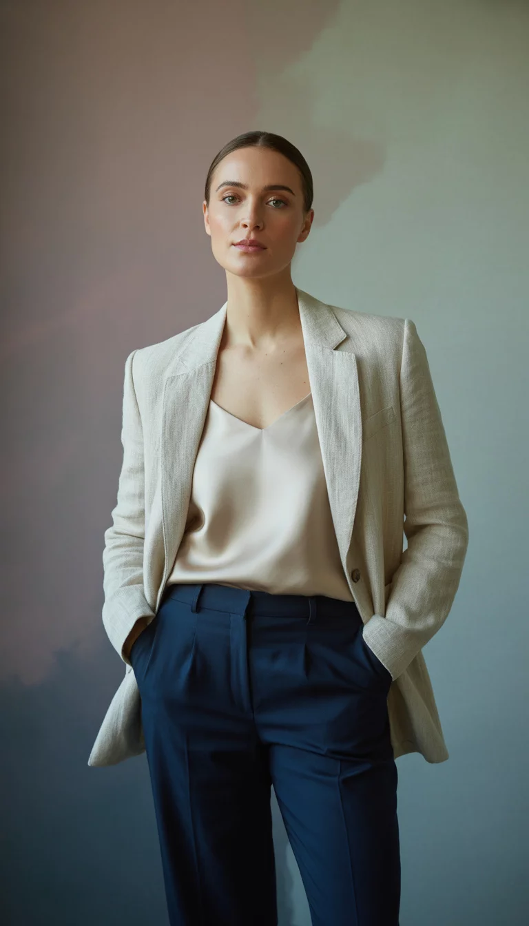 A beautiful woman in a beige linen blazer over a cream cami and tailored navy blue trousers, she stands with hands in her pockets against a neutral backdrop.
