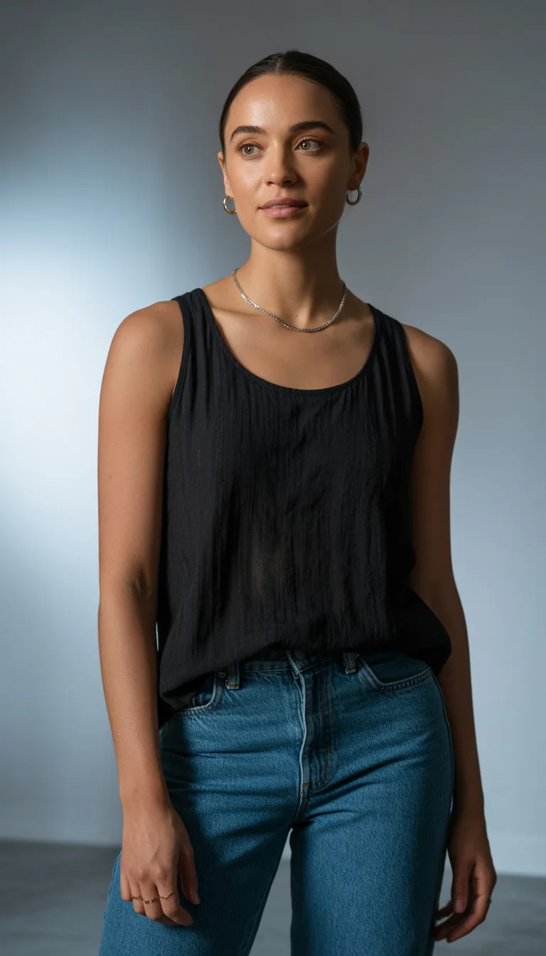 A beautiful woman in a black sleeveless relaxed top over standard blue jeans, she stands against a plain background and wears subtle jewelry.
