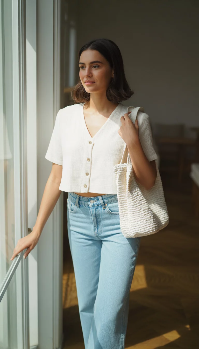 A beautiful woman in a white V-neck button-up cropped top and light blue high-waisted flare jeans, she holds a white textured tote bag near a window.