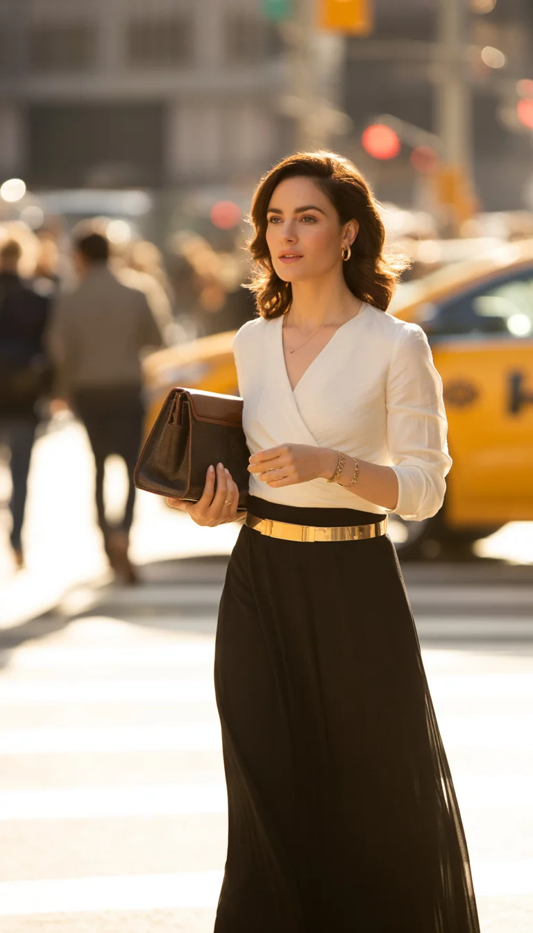 A beautiful woman in a white wrapped blouse and a black maxi skirt cinched with a gold belt, she carries a structured brown handbag on a city street.