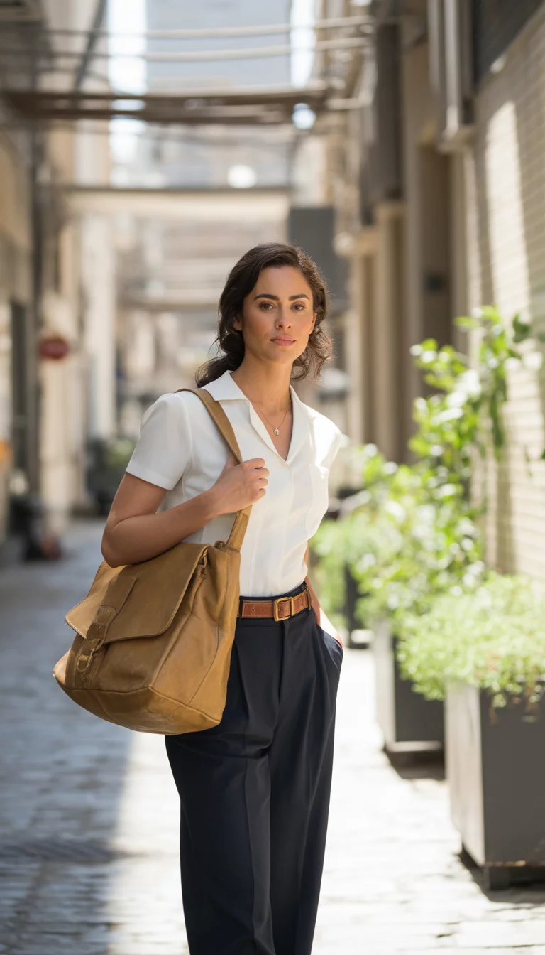 A beautiful woman in a white short-sleeved collared shirt loosely tucked into black high-waisted trousers cinched with a brown belt, she holds a large tan flap-over bag.