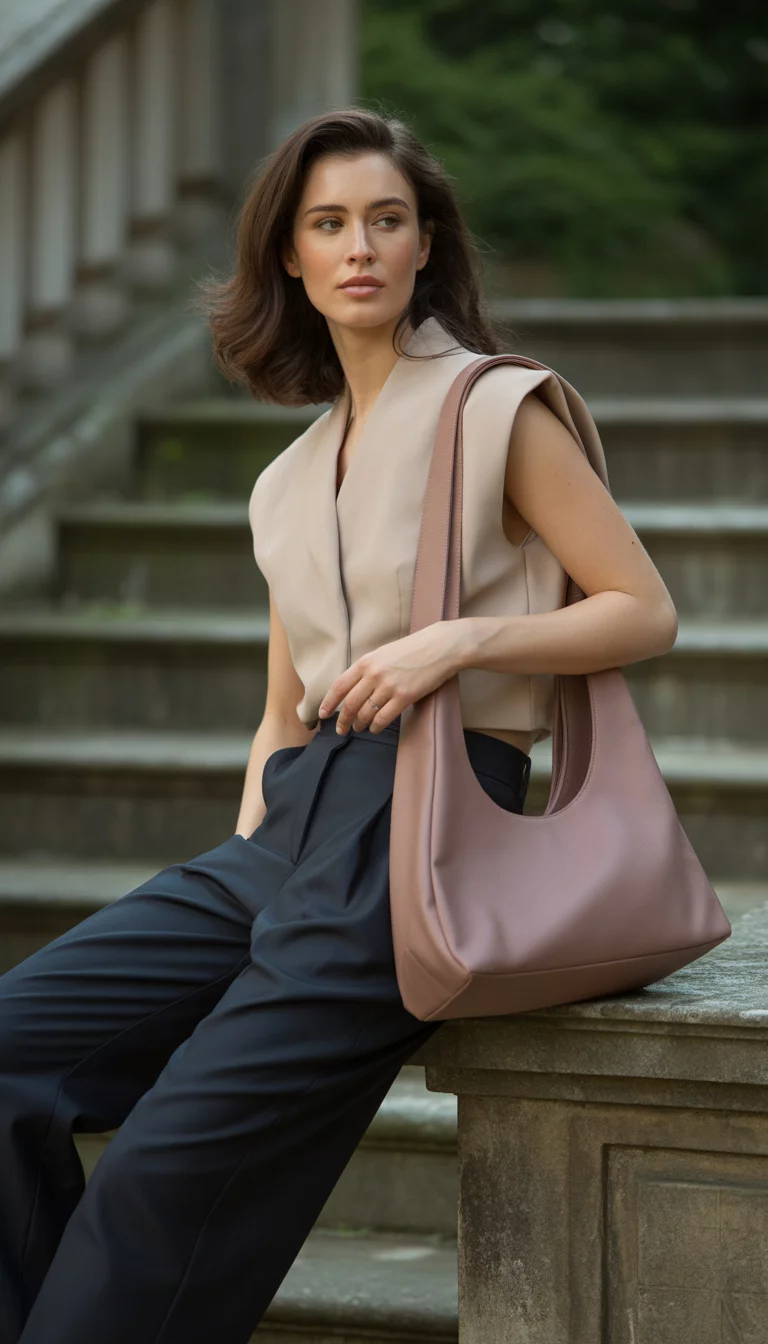 A beautiful woman in a beige sleeveless padded-shoulder top and dark navy wide-leg trousers, she carries a large muted pink shoulder bag on outdoor steps.