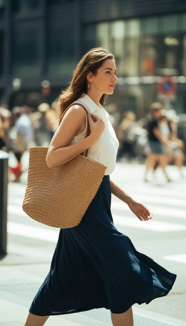 A beautiful woman in a white sleeveless top and a navy flowy midi skirt, she carries a large tan woven tote bag while walking outdoors with a city background.