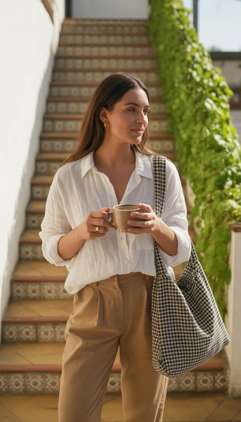 A beautiful woman in a loose white button-down shirt tucked into high-waisted tan trousers, she holds a coffee cup and a black and white checkered bag on patterned stairs.