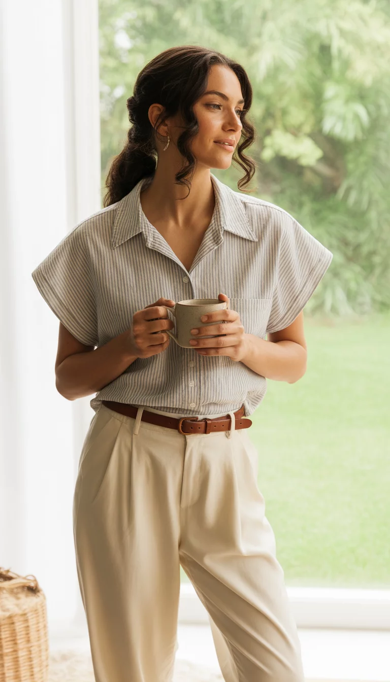 A beautiful woman in a striped short-sleeved button-up shirt partially tucked with a brown belt over cream-colored slightly tapered trousers, she stands in a bright room.