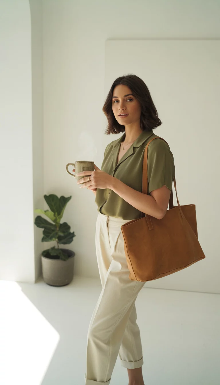 A beautiful woman in an olive green short-sleeved button-up shirt and cuffed cream-colored trousers, she holds coffee and a brown tote bag against a white wall.