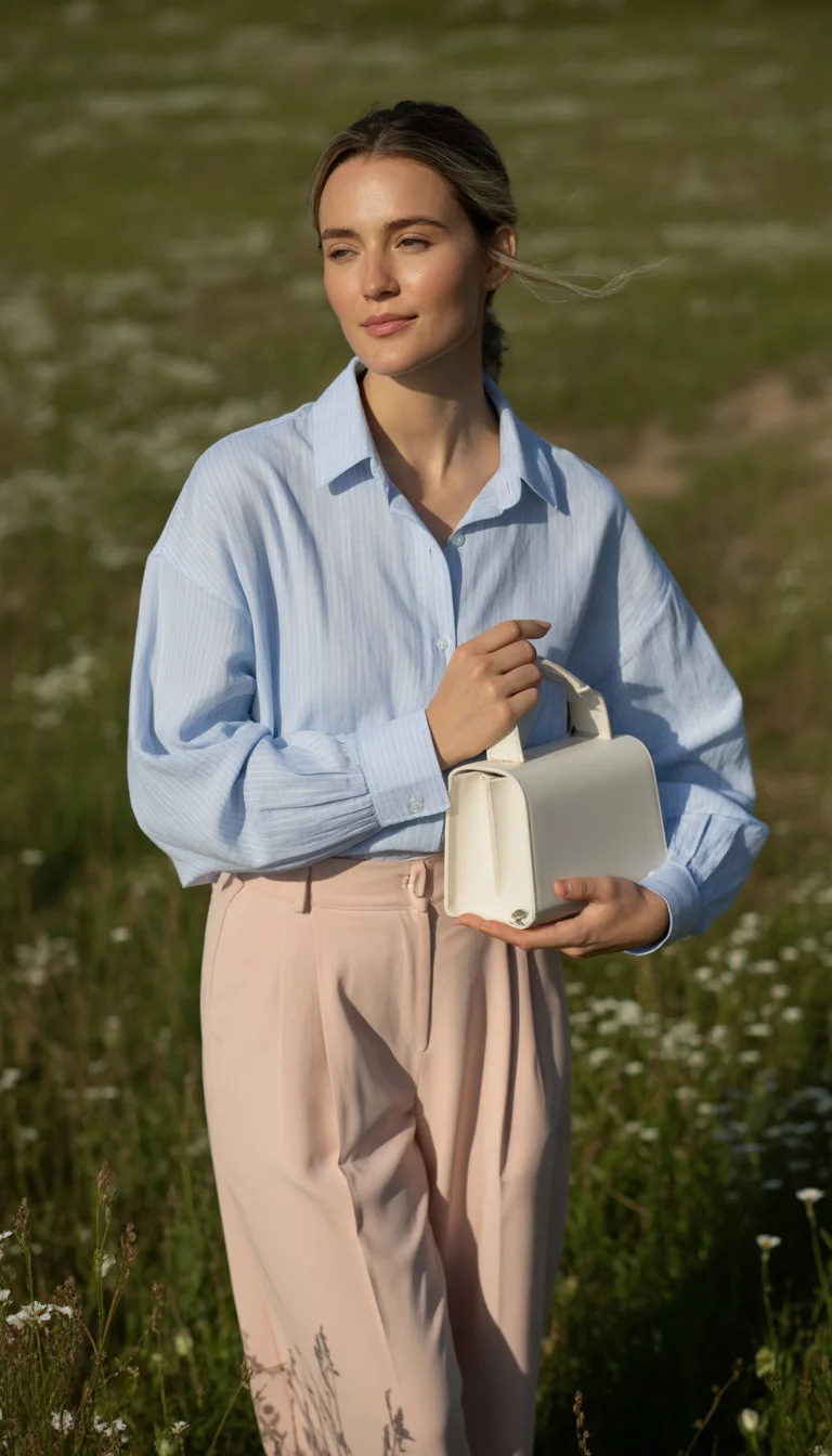 A beautiful woman in a loose light blue button-down shirt tucked into pale pink wide-leg trousers, she holds a small white structured bag in a sunny setting.