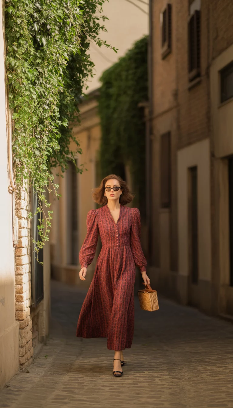 A beautiful woman in a long sleeved red patterned vintage style dress, black sunglasses, and a small woven bag, walking down a cobblestone alley.