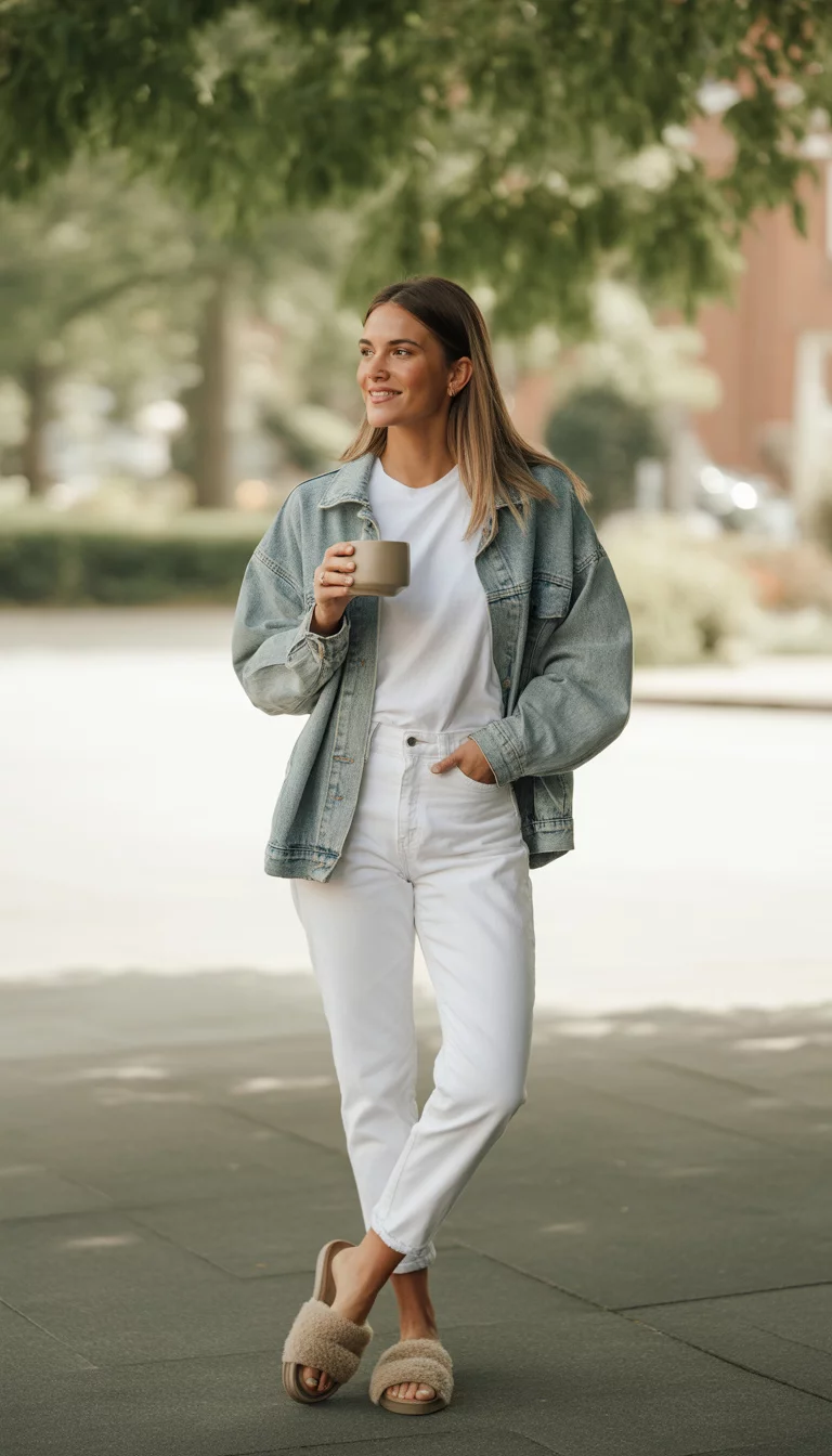 A beautiful woman in a white tee, white jeans, an oversized light wash denim jacket, and fuzzy slide sandals, holding a coffee cup outdoors.