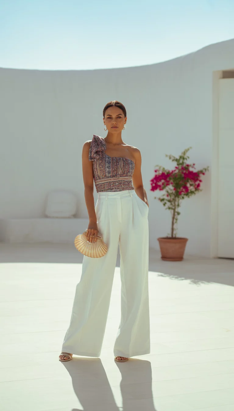 A beautiful woman in a patterned one shoulder bustier top, wide leg white trousers, and a seashell clutch, standing in a bright white outdoor space.