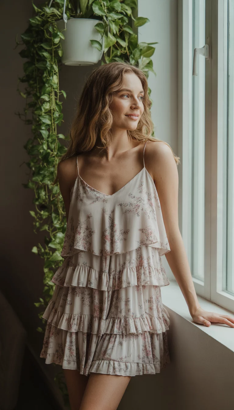 A beautiful woman in a ruffled tiered floral mini dress with spaghetti straps, posing indoors near a window with greenery.