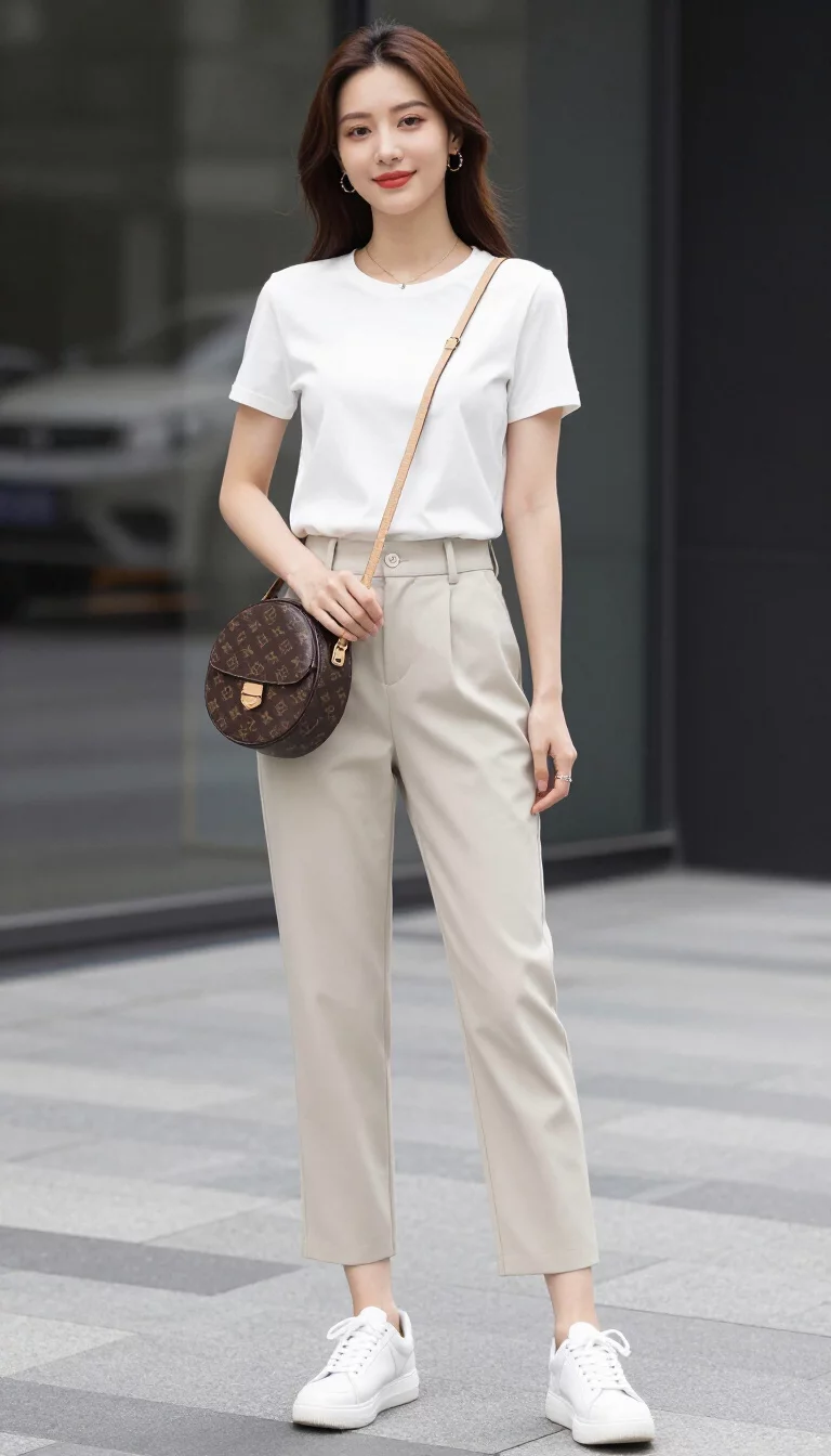 A beautiful woman in a white short sleeve top, light beige cropped trousers, white sneakers, and a brown patterned round shoulder bag.