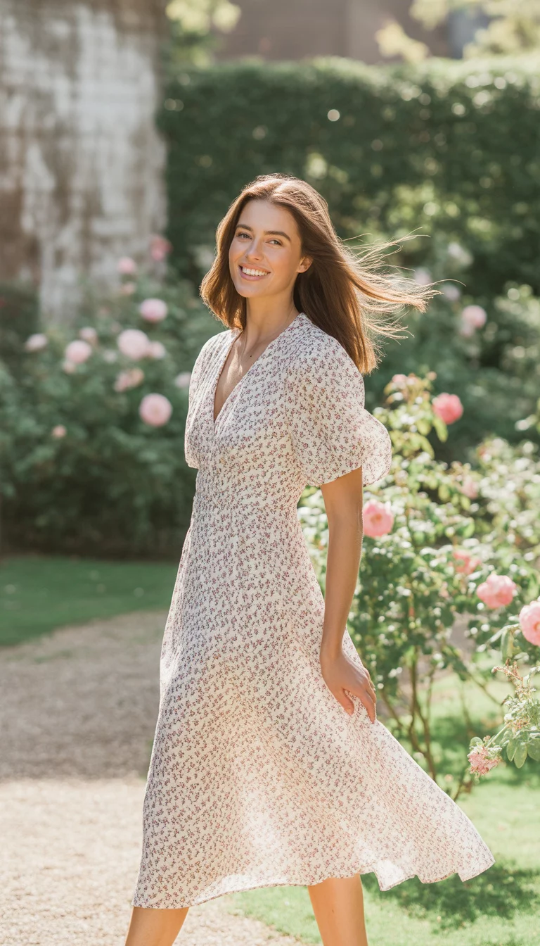 A beautiful woman in a white and pink small floral print midi dress, smiling while standing on gravel in a sunny garden setting.