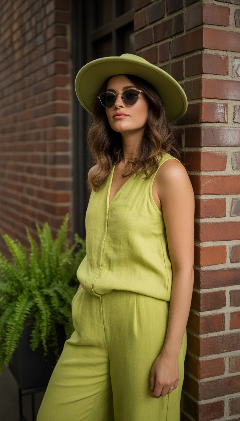 A beautiful woman in a lime green sleeveless linen jumpsuit, a matching lime green wide brimmed hat, and black sunglasses, standing against a brick wall.