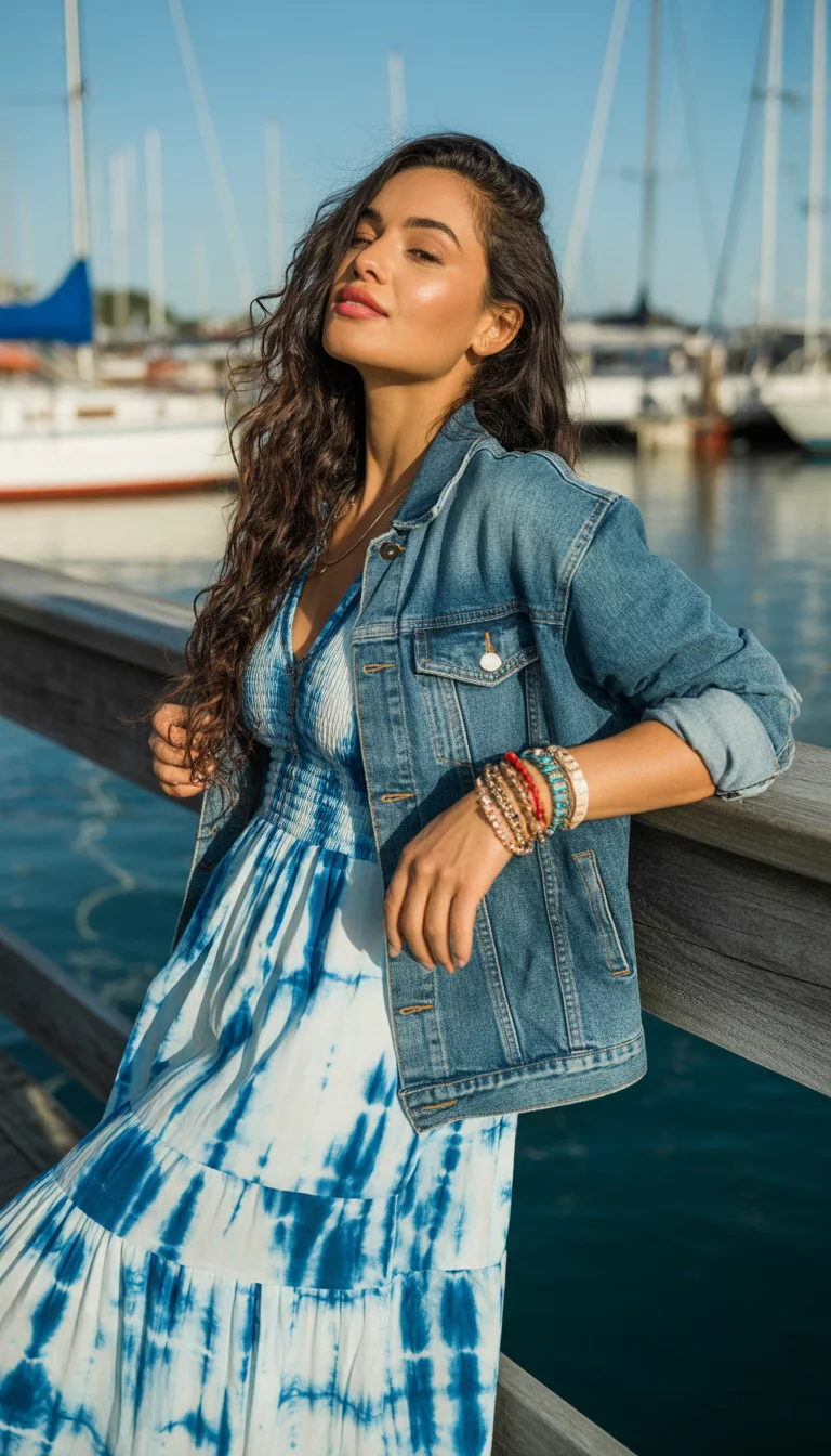 A beautiful woman with long dark hair in a blue and white tie dye maxi dress, a blue denim jacket, and colorful bracelets, posing by a marina.