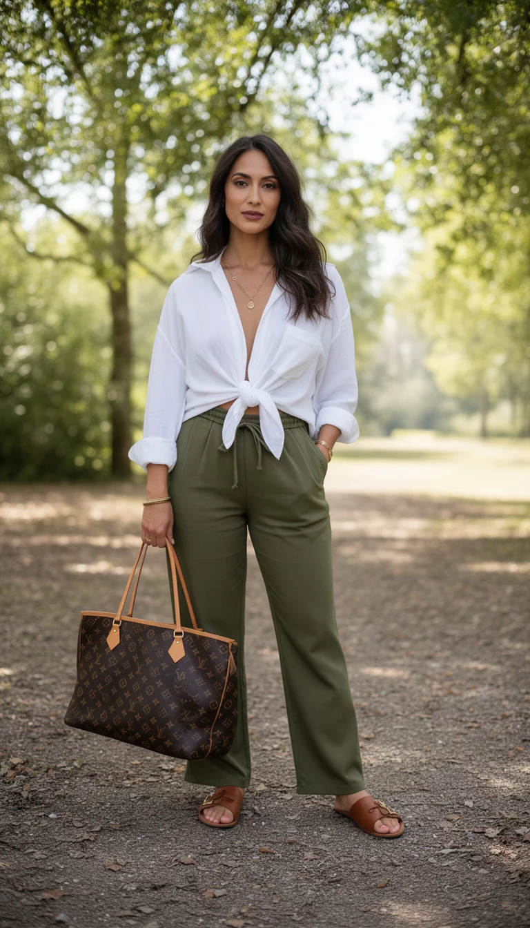 A beautiful woman in a flowy white collared shirt knotted at the waist, olive green drawstring trousers, brown leather slides, and a large LV monogram bag, outdoors.