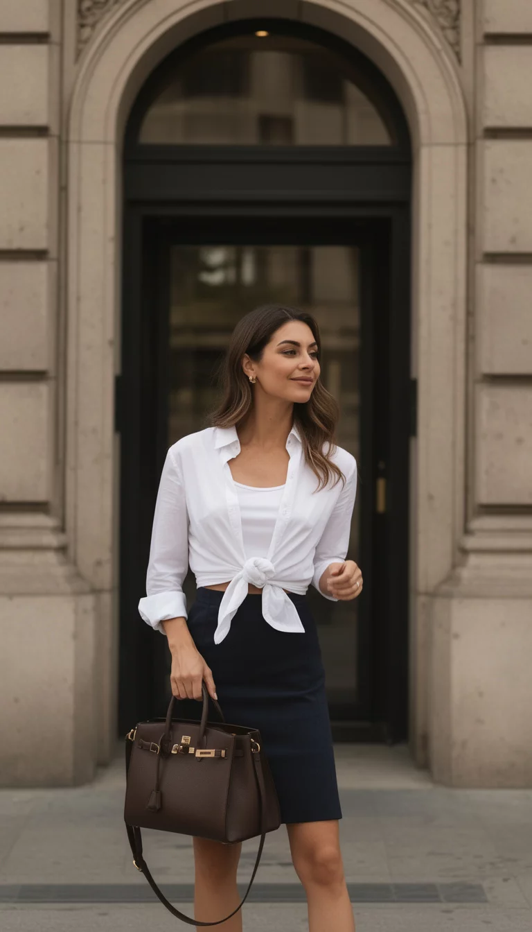 A beautiful woman in a white button down shirt tied at the waist over a white top and a dark skirt, carrying a dark brown structured handbag, posing near a building entrance.