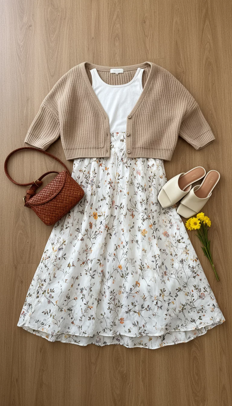 A flat lay of a beige cropped cardigan, white tank top, white floral maxi skirt, small brown woven bag, cream slides, and flowers on a wooden surface.
