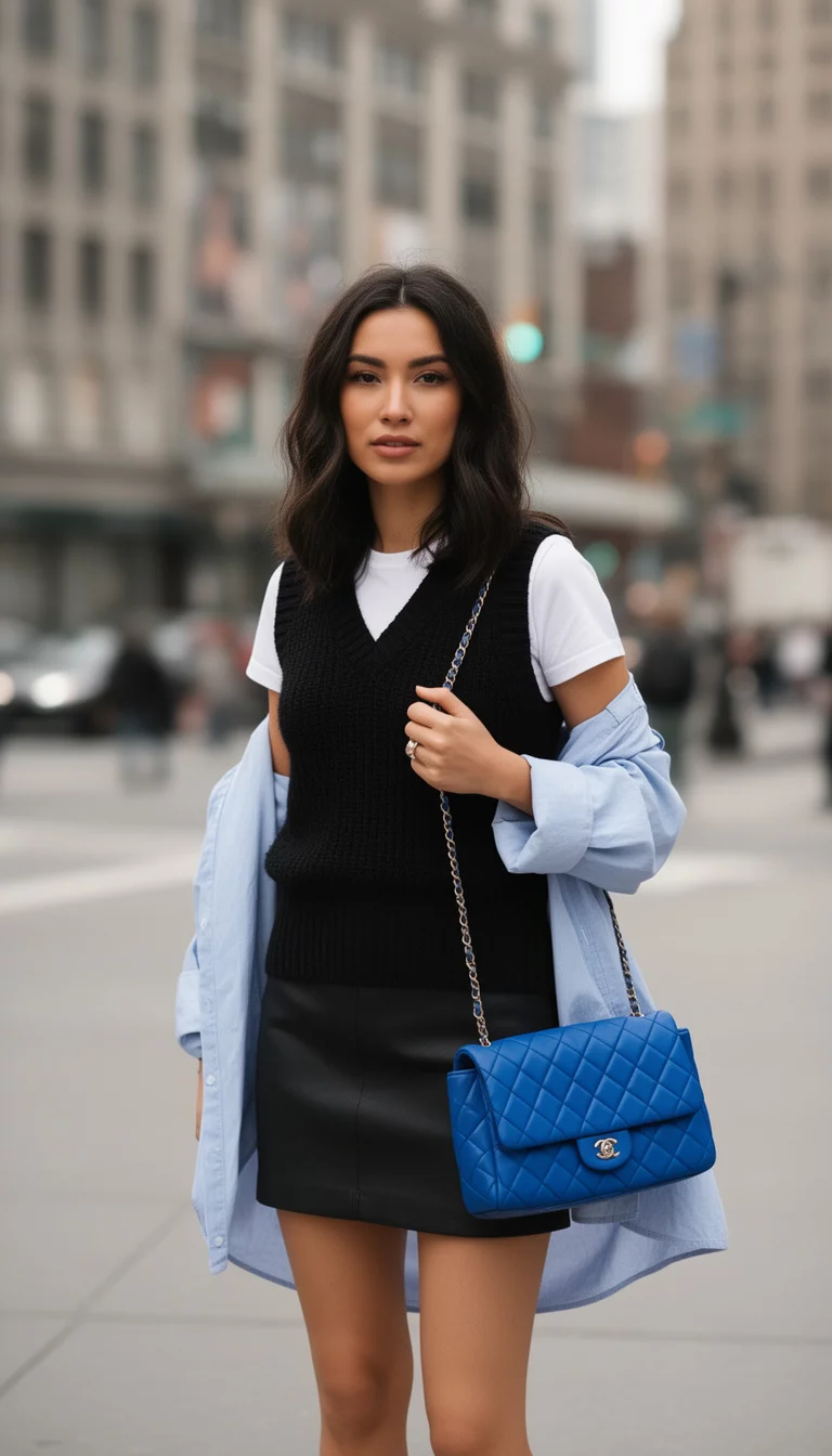 A beautiful woman wearing a white t-shirt layered under a black sweater vest, a light blue button down draped around, a black mini skirt, and carrying a quilted blue bag in a city setting.