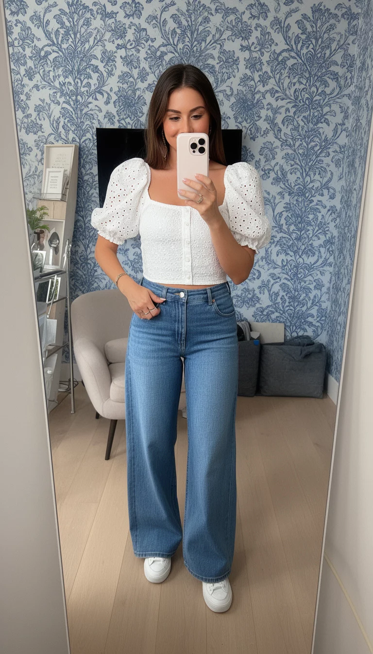 A beautiful woman in a white eyelet puff sleeve top, low rise wide leg denim jeans, and white sneakers, taking a mirror selfie in a room with blue wallpaper.