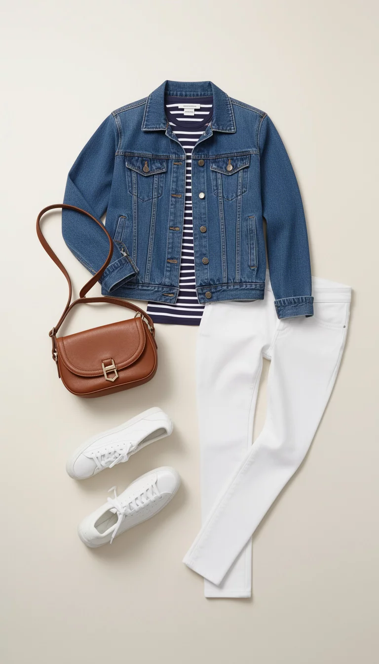 A flat lay of a blue denim jacket, a navy and white striped tee, white skinny jeans, a brown crossbody bag, and white sneakers against a light background.