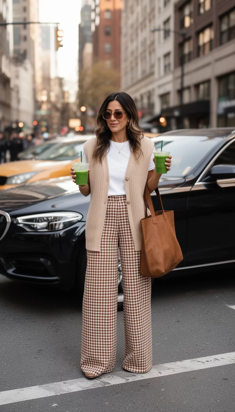 A beautiful woman in a white tee layered under a beige knit vest, brown and white gingham wide leg pants, holding two green drinks and a brown bag, standing by a dark car on a city street.