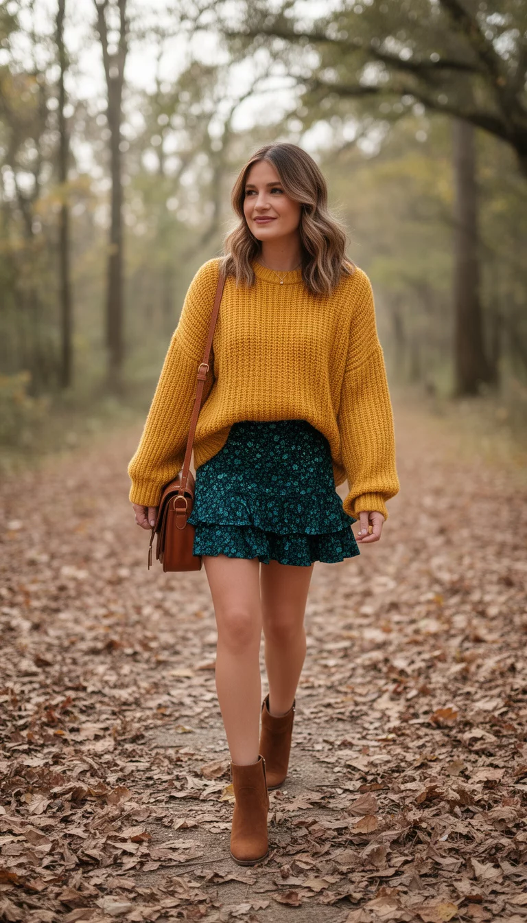 A beautiful woman in a mustard yellow chunky knit sweater, a dark teal floral ruffled mini skirt, brown ankle boots, and a saddle bag, walking on a path covered in leaves.