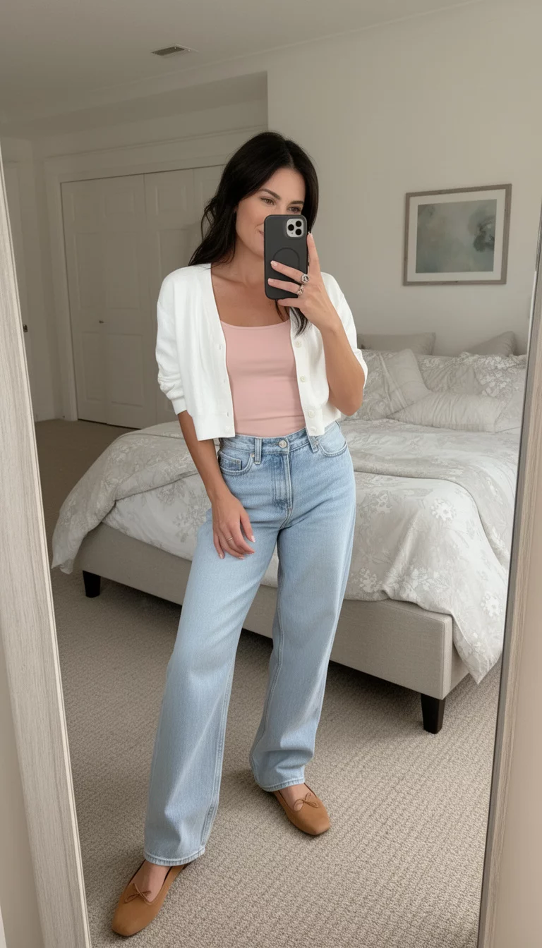 A beautiful woman in a white cropped cardigan, light pink tank top, light wash baggy jeans, and tan flat shoes, taking a mirror selfie in a bedroom setting.