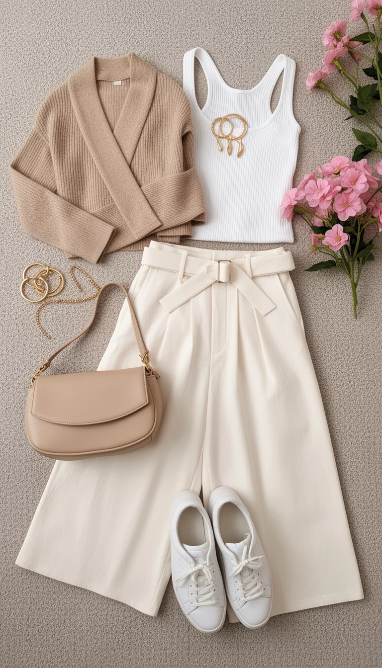 A flat lay of a beige cropped wrap sweater, white ribbed tank, cream wide leg belted pants, beige shoulder bag, gold jewelry, and white sneakers next to pink flowers.