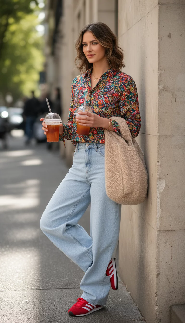 A beautiful woman wearing a colorful patterned button down shirt, very wide pale blue jeans, red Adidas sneakers, holding two drinks, and a large beige fuzzy bag, leaning on a wall.
