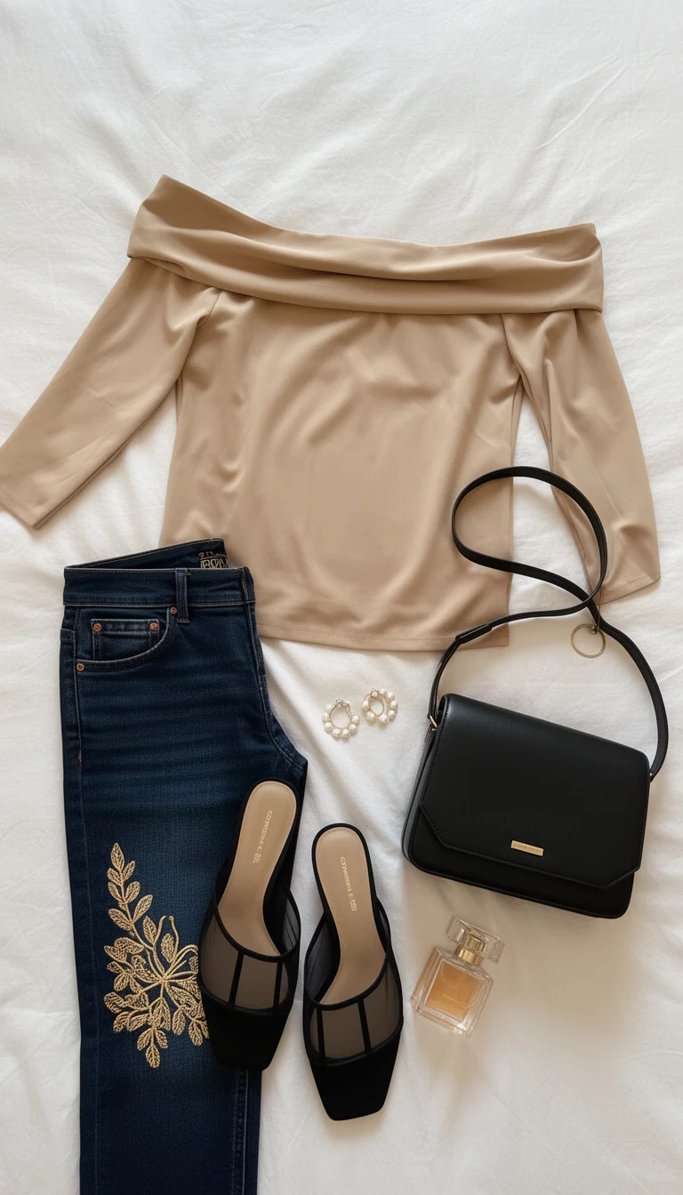 A flat lay featuring a draped beige off the shoulder top, dark wash jeans with gold embroidery detail, black sheer mules, a black shoulder bag, jewelry, and a perfume bottle.