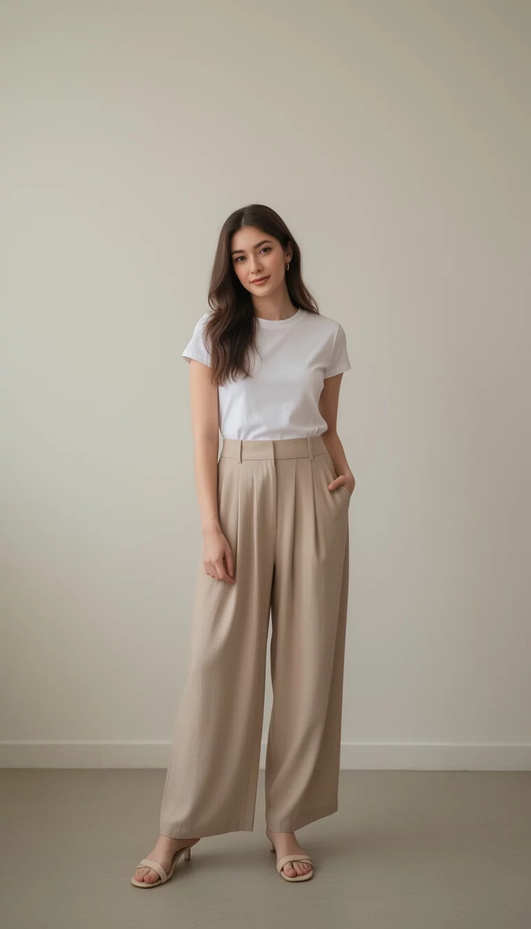 A beautiful woman wearing a white t-shirt tucked into high waisted fluid beige pleated trousers and light sandals, posing indoors against a plain wall.