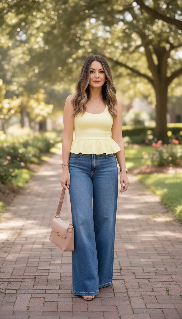 A beautiful woman in a pale yellow top with a ruffled hem, wide leg blue jeans, and holding a nude shoulder bag, standing on a brick walkway outdoors.