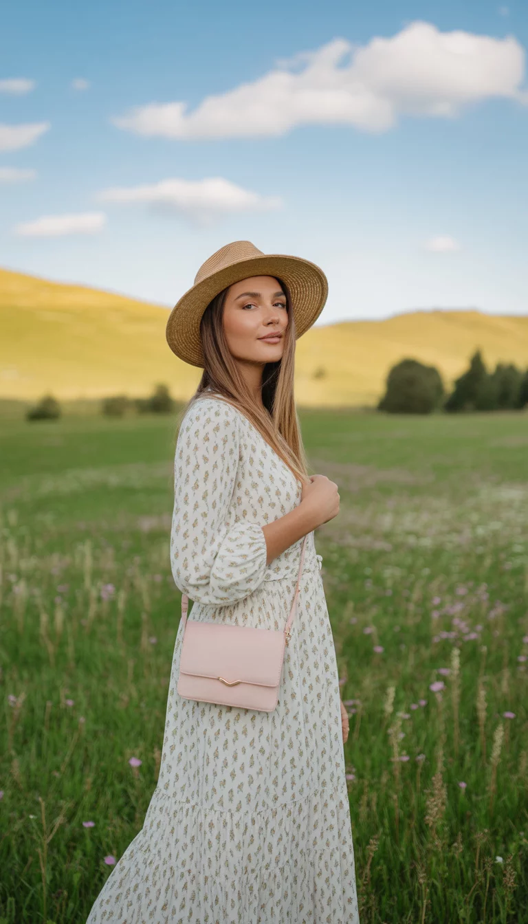 A beautiful woman in a white floral print maxi dress and a straw fedora stands outdoors in a lush green landscape, holding a small pale pink crossbody bag.