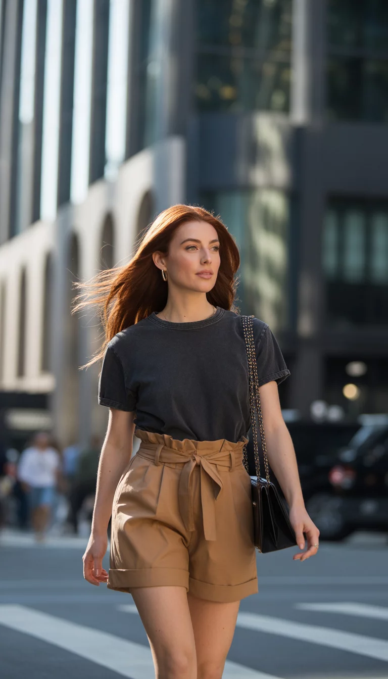 A beautiful woman walks down a city sidewalk wearing a dark t-shirt tucked into high-waisted tan paperbag shorts, carrying a studded black heel bag, with city buildings in the background.