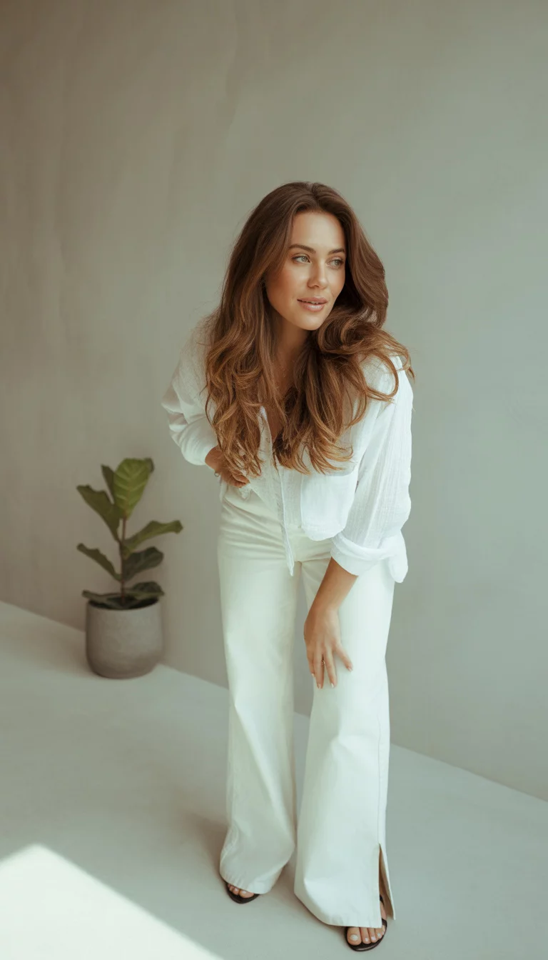 A beautiful woman in a relaxed, unbuttoned white long-sleeved shirt and wide-leg white jeans with ankle slits, paired with dark flat sandals, poses against a simple light wall.