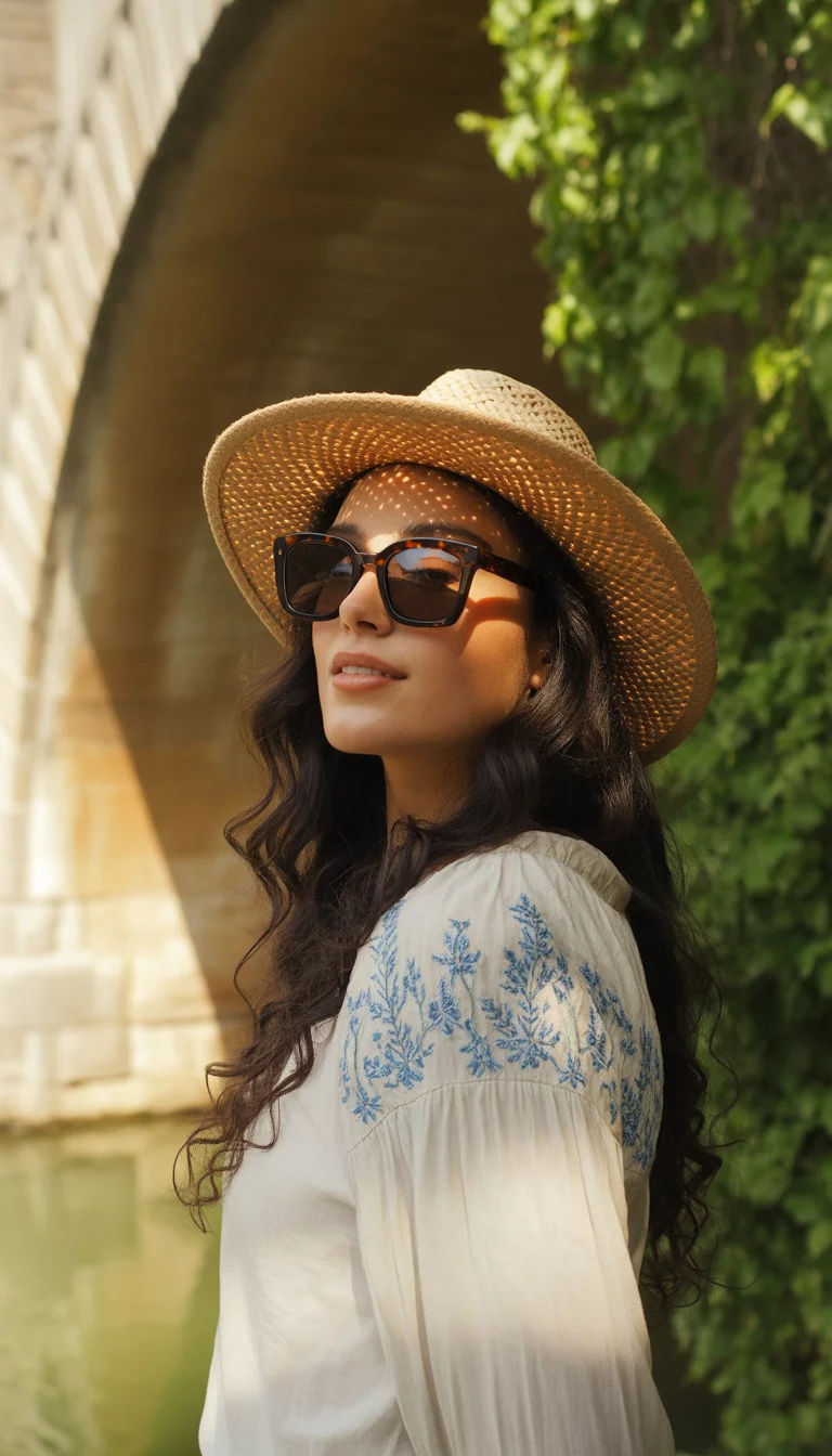 A beautiful woman with long dark wavy hair wears oversized sunglasses, a straw hat, and a white peasant top with blue embroidery, standing outdoors near a bridge structure.