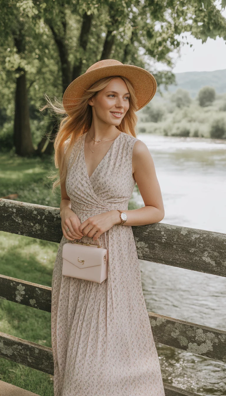 A beautiful smiling woman with blonde hair wears a wide-brimmed straw hat and a light pink floral V-neck maxi dress, holding a small pale pink structured purse on an outdoor bridge.