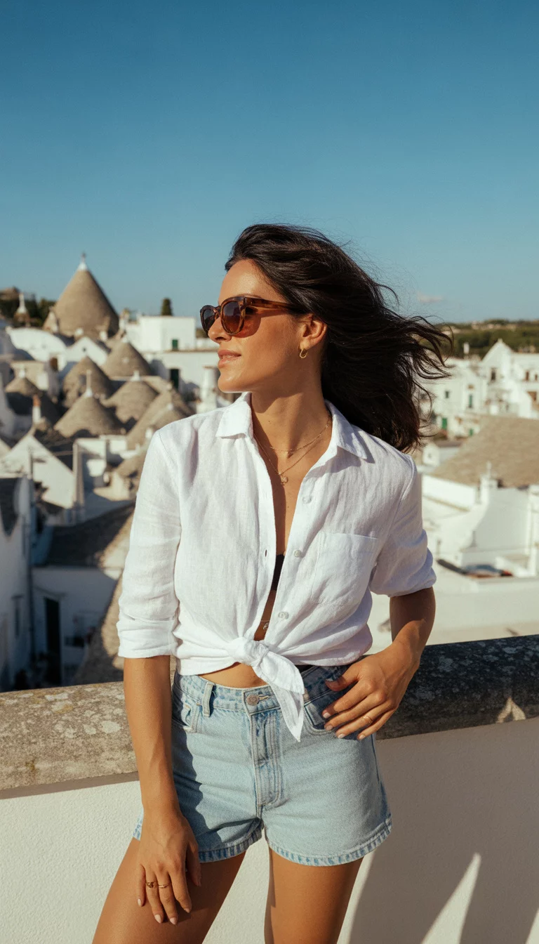 A beautiful woman wearing a white linen button-down shirt tied at the waist, light-wash denim shorts, and sunglasses, stands on a rooftop overlooking the white-roofed town of Alberobello.