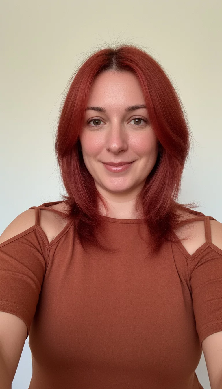 selfie of a 31-year-old woman wearing a brown cut-out shoulder top with a terracotta sunset colored reddish-brown layered hair, front view, minimal background
