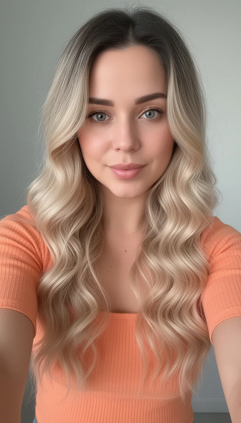 selfie of a 27-year-old woman wearing an orange top with a peachy nectarine colored long wavy blonde hair with dark roots, front view, minimal background